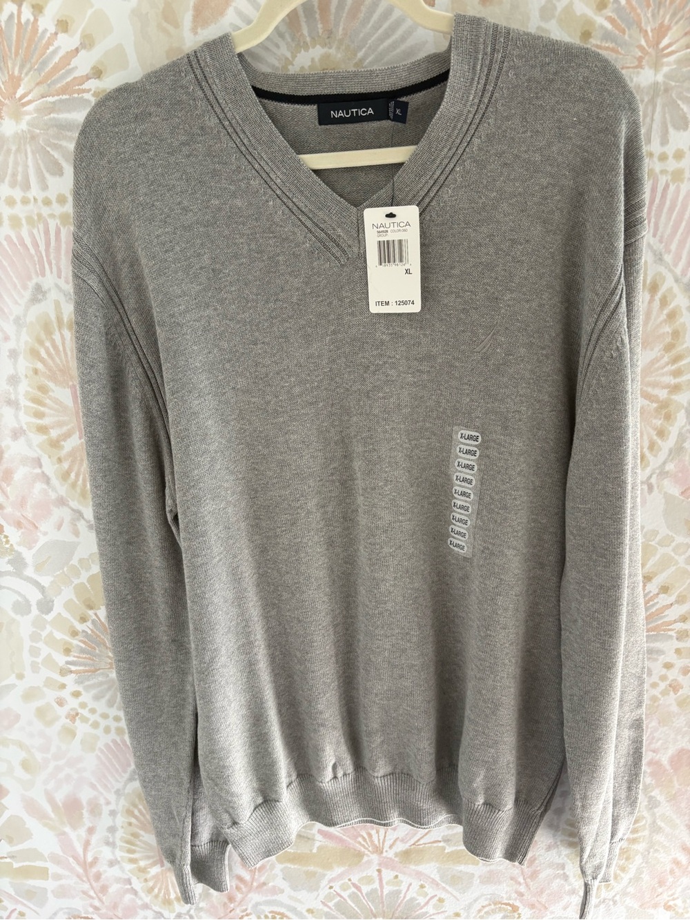 NWT Nautica Mens V-Neck Sweater Gray Cotton Knit Pullover XL